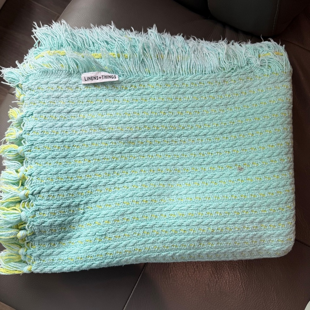 Vtg Knit Blanket Blue Yellow Fringe Unisex Cotton Throw Blanket - Picture 3 of 14